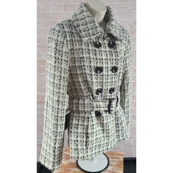 Via Spiga Wool Blend Mid Length Lined Belt Black/Cream Coat Jacket Women's Large - Picture 7 of 16